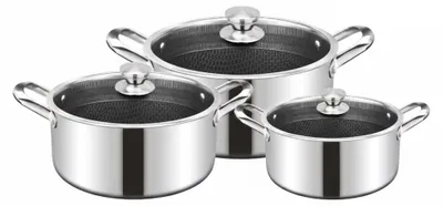 Produktbild von Edelstahl-Kochtopfset mit Glasdeckeln Ø 20+24+28cm Antihaft-Wabenstruktur Induktion Schmortopf