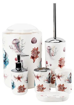 Produktbild von 6tlg Badset Badezimmer Zubehör Set Organizer: (Meerstern) Seifenspender, Zahnputzbecher, Kosmetikeimer, WC Bürste, Seifenschale, Mülleimer
