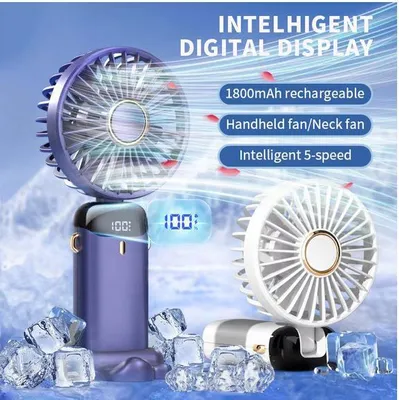 Obrázek produktu pro Přenosný ruční mini ventilátor, skládací ventilátor na krk, 5 rychlostí, dobíjecí přes USB, s držákem na telefon a LED displejem, 1800 mAh