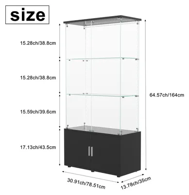 Obrázek produktu pro Skleněná vitrína – obývací skříň – 4 police – 2 uzamykatelné dvířka – LED osvětlení – černá