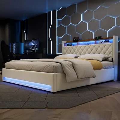Obrázek produktu pro okwish Čalouněná postel 180×200 cm s LED osvětlením a USB portem, úložným čelem a úložným prostorem, manželská postel, dvoulůžko, béžová, bez matrace