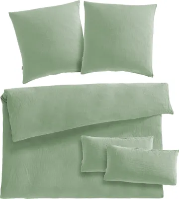 Produktbild von Pure Label Musselin Bettwäsche 200x220 bestehend aus einem Bettbezug 200x220 cm + Kissenbezug 80x80 2er Set + 40x80 Kissenbezug 2er Set in grün