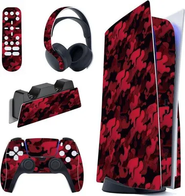Immagine prodotto di Adesivo per PS5, edizione limitata, motivo camouflage nero e rosso, ideale per personalizzare la console PS5 (versione con lettore), include adesivi per controller, stazione di ricarica, cuffie e telecomando