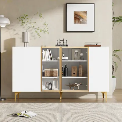 Obrázek produktu pro Fortuna Lai Elegantní 4dveřová komoda bílá se sklem a kovem, moderní design, bez úchytek, velký úložný prostor, komoda do obývacího pokoje, jídelny, komoda, skříň, vysoká kvalita