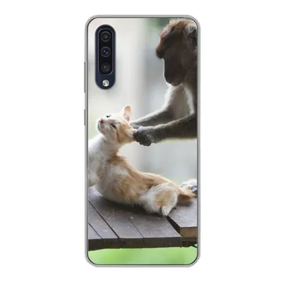 Produktbild von MuchoWow® Handyhülle Schutzhülle Hülle für Samsung Galaxy A30s Katze - Affe - Holz Silikon Softcase Handy Hülle - Karteninhaber