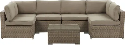 Zdjęcie produktu dla BELIANI Zestaw mebli ogrodowych brązowy technorattan poduszki 6-osobowa sofa narożna stolik kawowy ze szklanym blatem