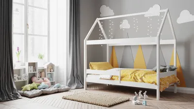 Produktbild von Kinderbett Haus Massivholz Einzelbett 3 Fuss 90x190 80x180 80x160 - Montessori Kajütenbett - Kleinkinder Bett - Für Jungs und Mädchen - Natürliches Kiefernholz, Farbe:Weiß, Große:160 x 80 cm