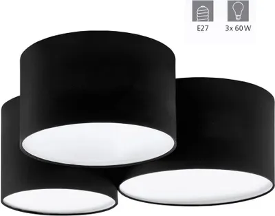 Image de Plafonnier PASTORE 2 noir, blanc E27 3x60W L:61cm L:49,5cm H:25,5cm dimmable