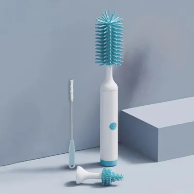 Image de Brosse électrique pour biberons - Nettoyeur de biberons - Nettoyage à 360° - Têtes de brosse interchangeables - Bleu