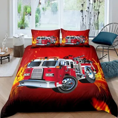 Produktbild von Bettwäsche Set Kinder Feuerwehrmann LKW 135x200cm Rot mit 1 Kissenbezug 80x80cm
