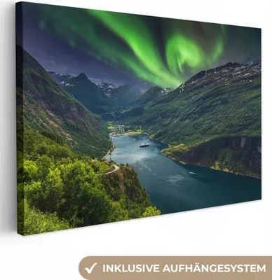 Produktbild von OneMillionCanvasses® - Leinwandbilder - 140x90 cm, Nordlichter - Berg - Boot - Norwegen, Wandbilder Kunstdruck Wanddekoration