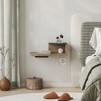 Produktbild von Skye Decor, Hochwertiger Nachttisch mit LED-Beleuchtung, Eiche, 40 x 16,2 x 30 cm | 100% melaminbeschichtete Spanplatte, 18 mm dick | Wandmontierbar, skandinavisches Design, modern und funktional.