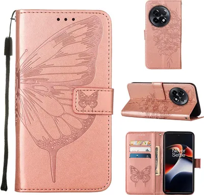 Produktbild von Lederhülle für OnePlus 11R / Ace 2 Schmetterling Prägung Flip Ledertasche Kartenfächer Handyhülle mit Ständer Pink