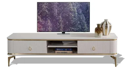 Image de uffet TV blanc et or avec accents métalliques