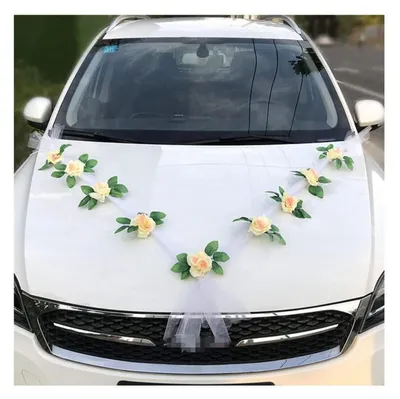 Immagine prodotto di Decorazione per auto da matrimonio con rose e nastro di organza, colore bianco/champagne. Include 2 nastri da 1,6 metri e 9 rose