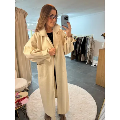 Produktbild von Frauen Mantel Langes "Miriam" Beige, für Damen Mantel, langer Mantel Herbst & Winter Mantel Locker Winterjacke, Mantel mit Raffungen am Ärmel & Tasche