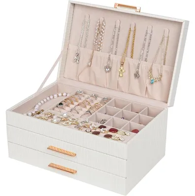 Image de Boîte à bijoux Écrin à bijoux - Avec 2 tiroirs - Blanc et or - 27,3 x 17,5 x 14,5 cm