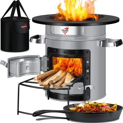 Produktbild von KESSER® Raketenofen Inkl. Grillpfanne aus Gusseisen mit Tragetasche, Dutch Oven BBQ Rakete Holzofen Camping Campingkocher Campinggrill, Edelstahl