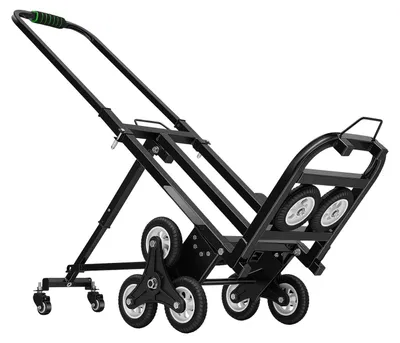 Zdjęcie produktu dla Wózek do wnoszenia po schodach – składany wózek transportowy – nośność 150 kg – 8+2 kółka do schodów – uchwyt z regulacją wysokości 73–114,5 cm – stalowa rama – kolor czarny