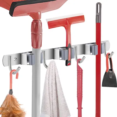 Produktbild von Vyydsdzhg Edelstahl Wand-Gerätehalter mit 4 Haken & 3 Schnellspannern, 38 cm, Grau, für Besen, Mopps, Gartengeräte & Werkzeuge, ca. 500 g