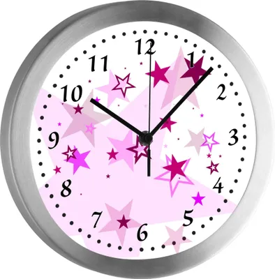 A close-up view of a round wall clock with a pink star pattern and silver frame.