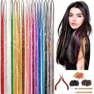 Produktbild von Set mit 16 Farben für glitzernde Haarsträhnen, 120 cm, mit Werkzeugen und Mikroringen für Frauen, Jugendliche, Kostümveranstaltungen und Partys