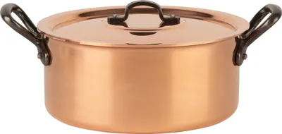 A copper pot with a lid and handles, shown from the front on a white background.