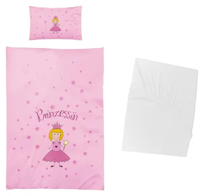 Produktbild von 3 tlg Baby Bettwäsche Set - Prinzessin - Renforcé - 40x60 100x135 cm + 1 Spannbettlaken weiß 60x120 - 70x140 cm