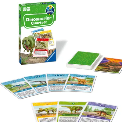 Produktbild von Ravensburger 22359 Wieso? Weshalb? Warum? Dinosaurier Quartett - Mitbringspiel mit detailreich gestalteten Karten zu spannenden Saurier-Arten, informativen Texten und einer weiteren Spielvariante