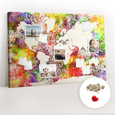 Obrázek produktu pro Korková nástěnka s kolíčky - Tabule s kolíky pro fotografie a poznámky - 120x80 cm - Připínáčky kovové 100 kusů - Akvarelová mapa světa