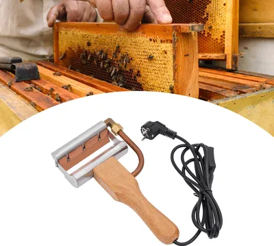 Obrázek produktu pro Elektrický medomet, Elektrický kráječ medu s dřevěnou rukojetí, Elektrický kráječ medu, stříbrná barva a dřevo
