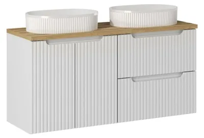 Immagine prodotto di Set VANO bianco 120cm: mobile sottolavabo con cassetti e armadietti + piano per lavabo + due lavabi da appoggio scanalati