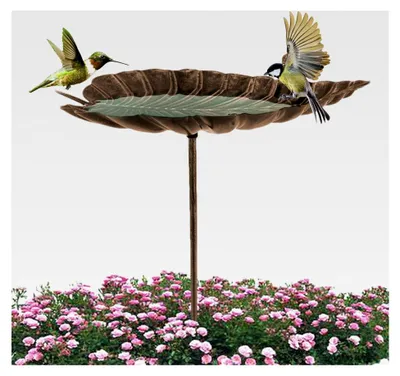 Produktbild von Hohes Vogelbad aus Metall für den Garten - Blattförmiger Wasserspender zur Vogelbeobachtung