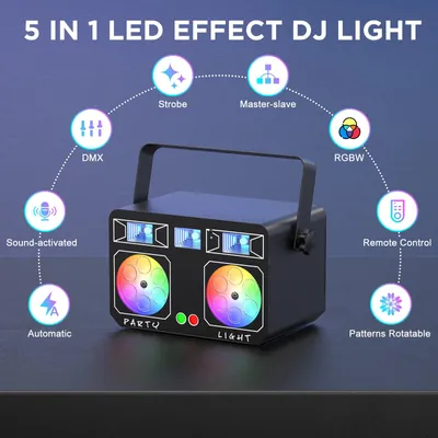 Image de Projecteur de fête avec effets disco - Projecteur d'effets scéniques DMX - 24 W - Effets combinés 5-en-1 - Motifs rotatifs - 90–240 V - Prise européenne