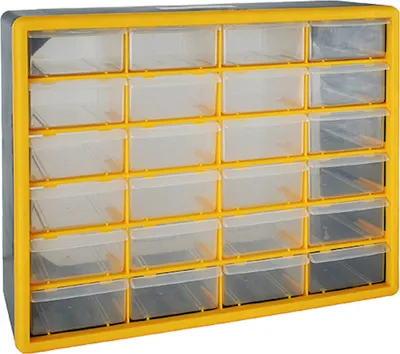 Produktbild von Cosimo Kleinteilemagazin mit 24 Schubfächer grau/gelb | HxBxT 39x50x16cm | Kleinteileregal, Sortimentsboxen, Sortimentskastenregal, Regalsystem