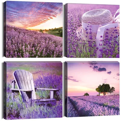Immagine prodotto di Set di 4 stampe su tela con motivo lavanda, dimensioni 30 x 30 cm