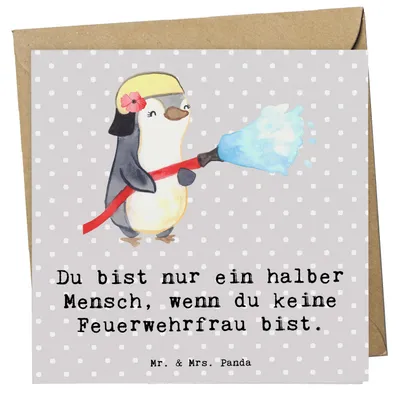 Produktbild von Mr. & Mrs. Panda Grußkarte Feuerwehrfrau Herz - Grau Pastell - Geschenk, faltkarte, anlasskarte, Freiwillige Feuerwehr, Klappkarte, Lustig, Glückwunschkarte, Ausbildung