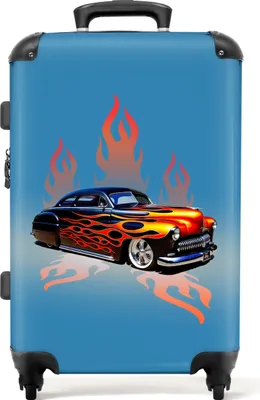 Produktbild von NoBoringSuitcases.com® Großer Koffer - Auto - Flammen - Feuer - Blau - Vintage - Kombinationsschloss TSA - Hartschalen Trolley 4 Rollen - 72 liter - Reisekoffer - 66 cmKoffer Mittelgroß 67x43x25 cm, 72L,