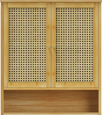 Produktbild von WISFOR Wandschrank Bambus, Badezimmerschränke Hängeschrank Badezimmerschrank Wandmontage mit 2 Schranktür magnetische Tür und verstellbaren Regalen, 5