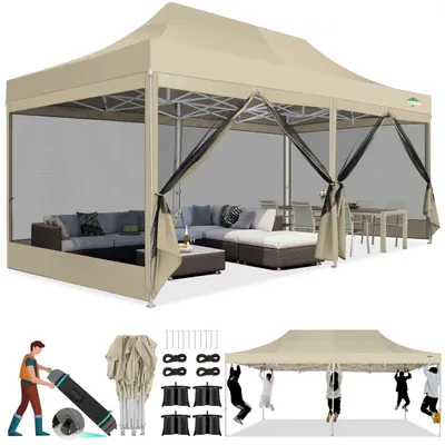 Zdjęcie produktu dla Pawilon składany 3x6 m z moskitierą, wodoodporny, ochrona przed promieniowaniem UV 50+, 6 ścianek, kolor khaki
