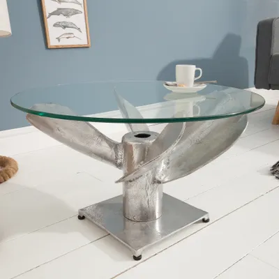 Produktbild von riess-ambiente Maritimer Couchtisch OCEAN M 60cm silber antik rund Schiffsschraube Glasplatte Beistelltisch Tisch