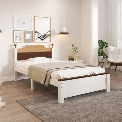 Produktbild von Massivholzbett, 90x200 cm, Einzelbett mit Lattenrost und Kopfteil, Holzbett aus Kiefer, Jugendbett