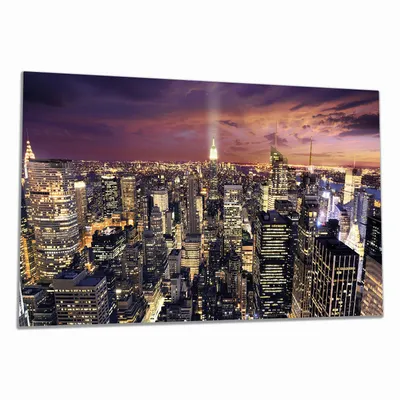 Produktbild von Wallario Herdabdeckplatte aus Glas, Größe 90 x 52 cm 1-teilig, Motiv New York bei Nacht - Panoramablick über die Stadt