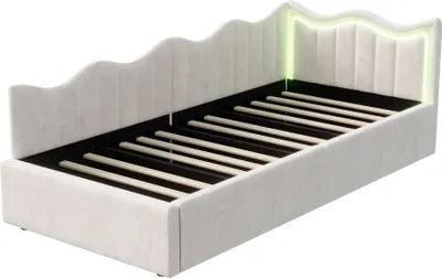 Obrázok produktu pre Zamatová rozkladacia pohovka ProximaX 90x200 cm v béžovej farbe s LED osvetlením a tlakovým plynovým úložným priestorom - detská posteľ s lamelovým roštom a úložným priestorom pod plochou na ležanie
