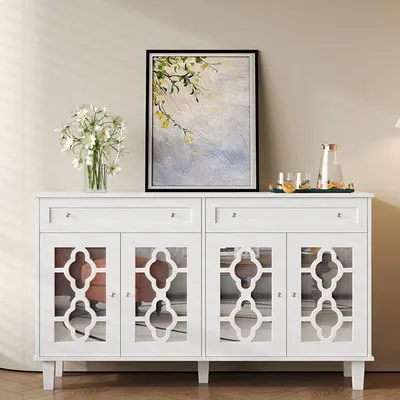Productafbeelding van 140 cm wit modern dressoir met spiegeldeuren en 2 lades, geschikt voor de keuken