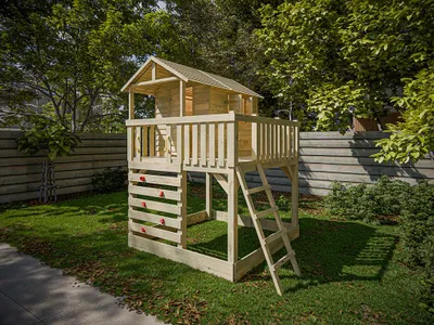 Produktbild von Belladoor Stelzenhaus Noah Braun Grün, Kesseldruckimprägniertes Kiefernholz Stelzenhaus mit Sandkasten, Veranda, Kletterwand und Leiter, Spielhaus für Kinder Garten
