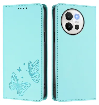 Image de Étui en cuir pour Vivo V40 Lite 5G, étui de protection type portefeuille en cuir gaufré « papillon » avec support, couleur turquoise