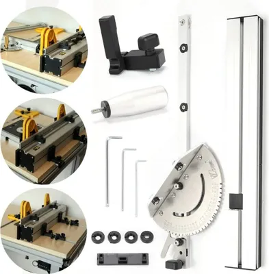 A collage of images showing a woodworking jig and its components, likely for a table saw or router.