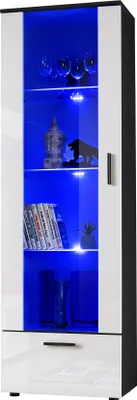 Produktbild von Komodee, Vitrine Schrank Alessandria, Schwarz/Weiß, Breite 60cm x Höhe 192cm x Tiefe 42cm, 3 Glasböden, 1 Regal aus laminierter Platte, für Wohnzimmer, Schlafzimmer, LED Blau
