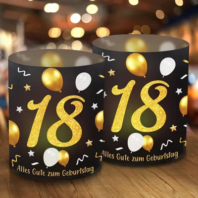 12 Windlicht Tafeldeko 18. Geburtstag Schwarz Gold 27x10 cm